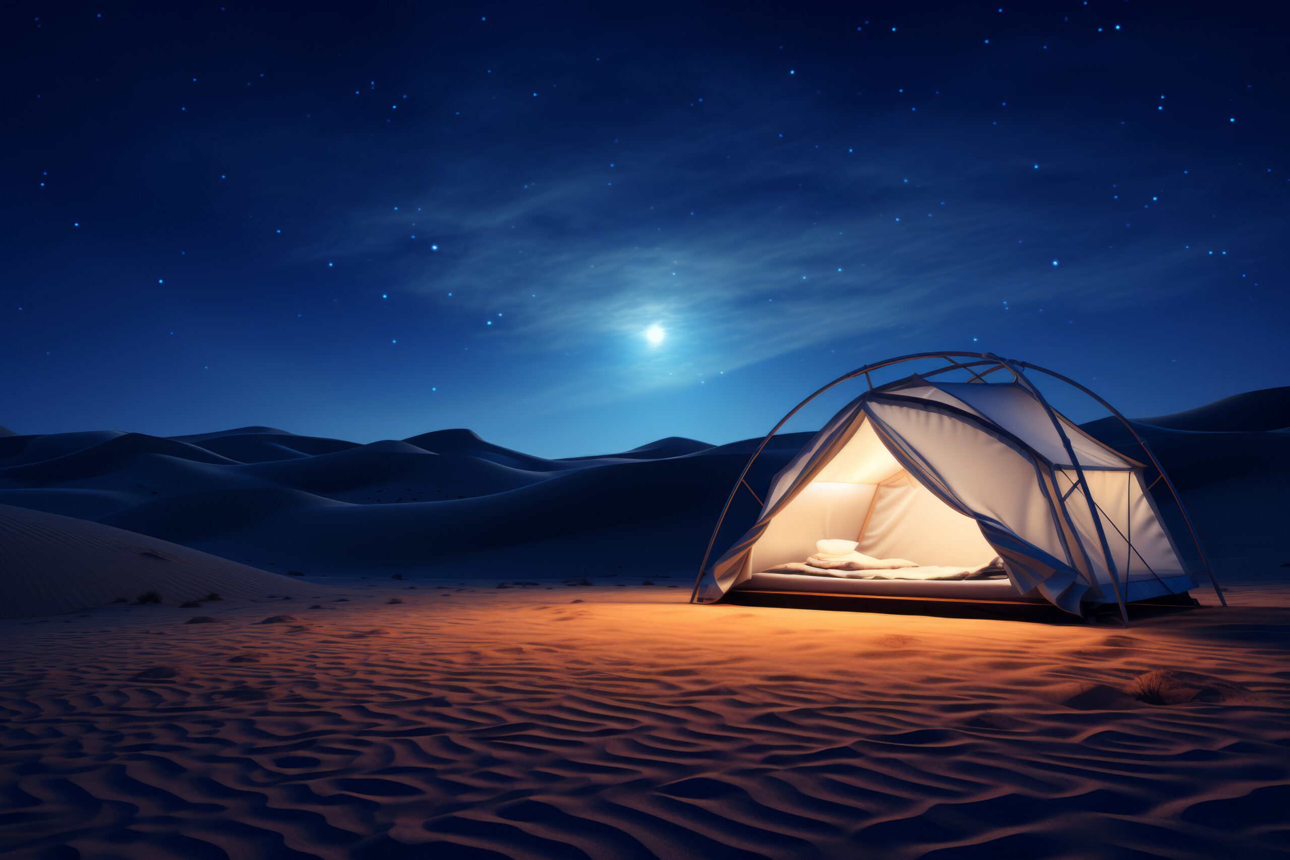 A cozy desert tent set up under a starlit sky, surrounded by tranquil sand dunes an overnight desert safari