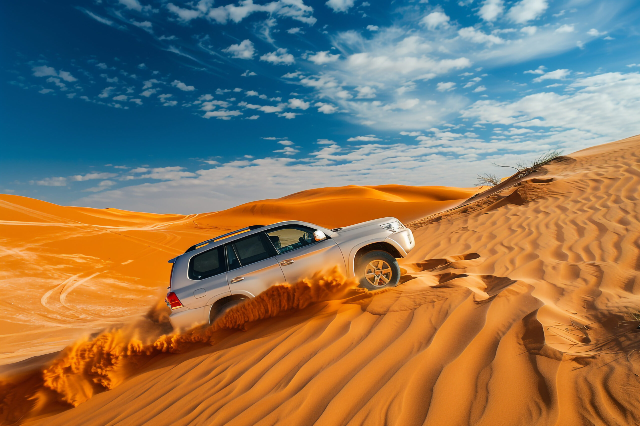 4x4 vehicle navigating towering sand dunes during an exciting dune bashing adventure in the Desert. premium Desert Safari package